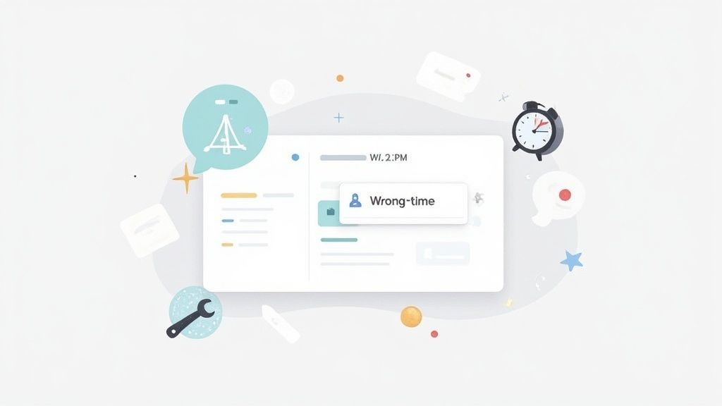 Eine Person, die einen Kalender auf einem großen Bildschirm mit einer Lupe betrachtet, was Fehlerbehebung und das Lösen von Kalenderfehlern symbolisiert.