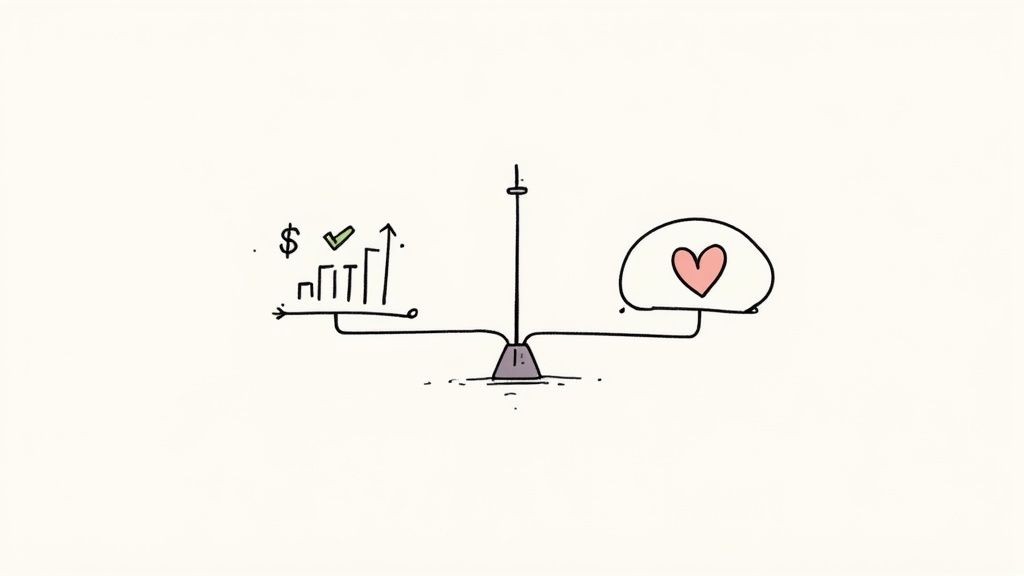 Two balancing scales, one with a dollar sign for tangible returns and the other with a heart and speech bubble for intangible value.