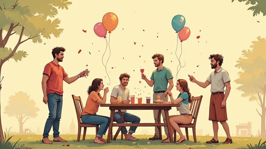 A casual, friendly invitation for a neighborhood BBQ, showcasing a warm and welcoming design with illustrations of food and people.